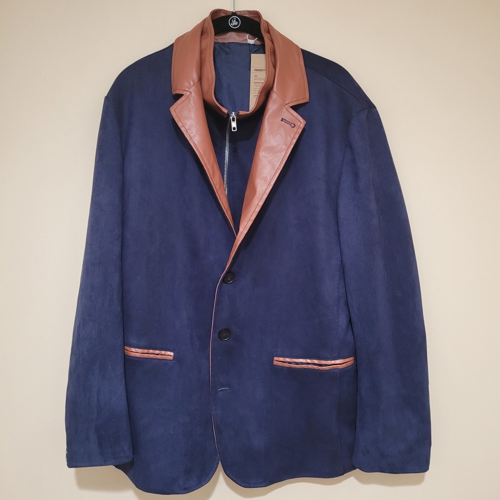 Manly Mens Navy Blue Cotton Linen Blazer Jacket Faux Leather Collar Trim NWT
